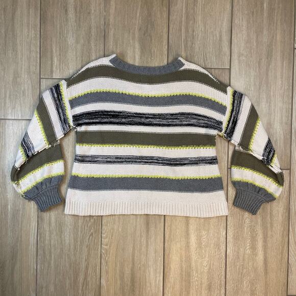 Lou & Grey Striped Sweater Women’s S Balloon Sleeve Raw Seam Cotton Cashmere - Picture 2 of 7